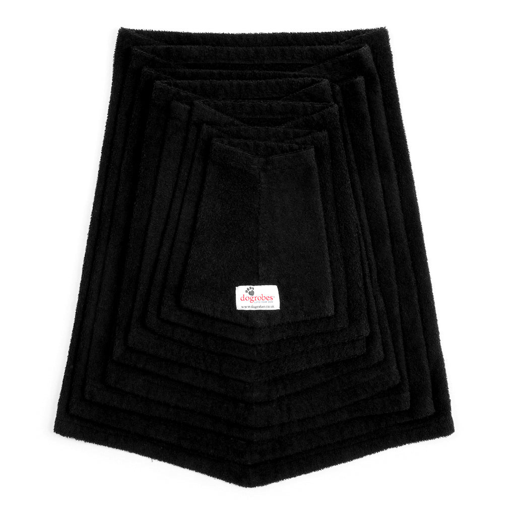 Dogrobe snoods are trusted and loved by dogs’ owners and their pets as they are ideal for drying your dog's head, neck and ears. Dog snood in black. Available in sizes Mini to XXXL.