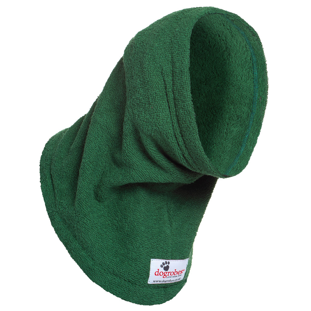 Dogrobe snoods are trusted and loved by dogs’ owners and their pets as they are ideal for drying your dog's head, neck and ears. Dog snood in green.