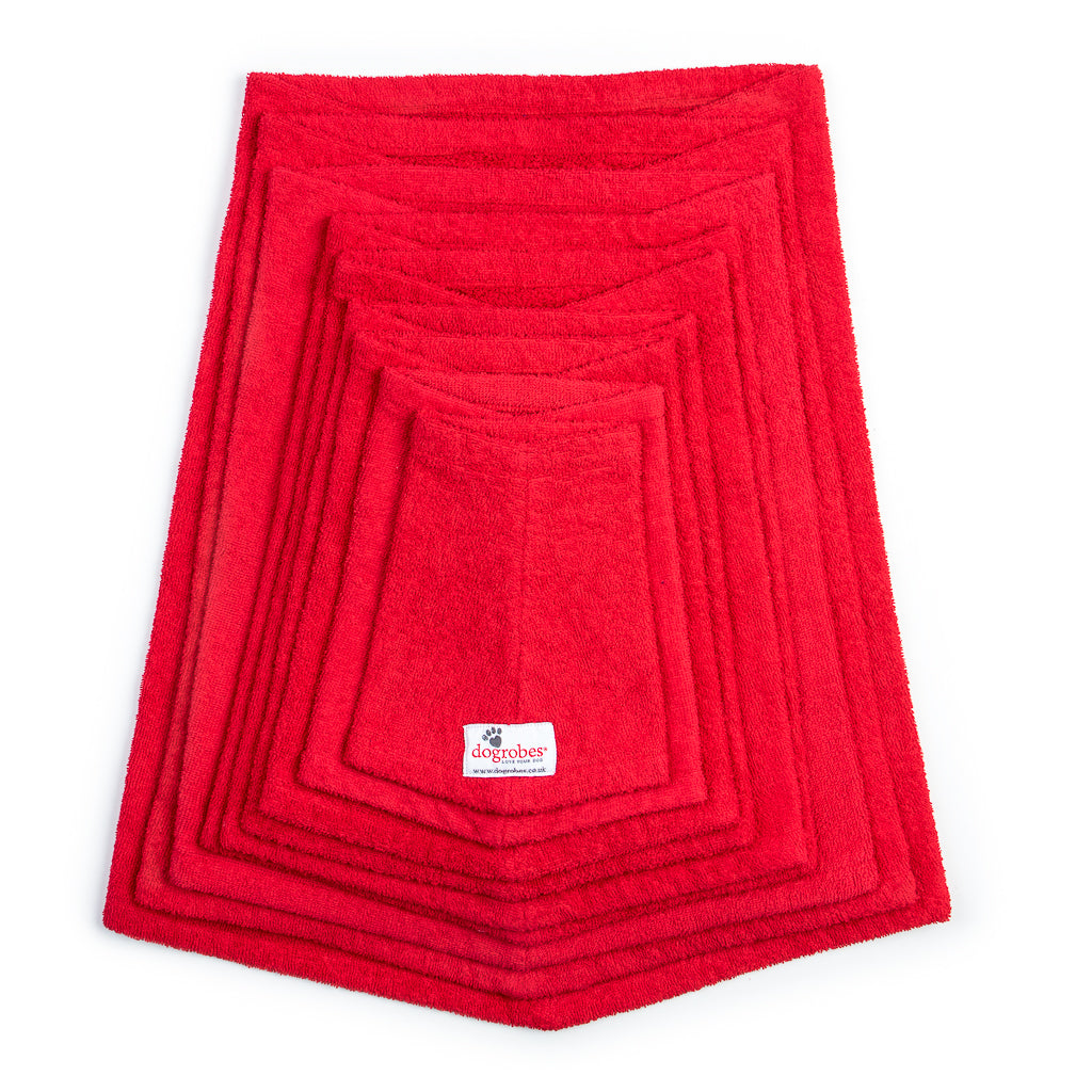 Dogrobe snoods are trusted and loved by dogs’ owners and their pets as they are ideal for drying your dog's head, neck and ears. Dog snood in red. Available in sizes Mini to XXXL.