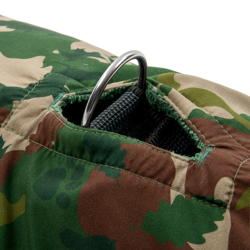 Exclusive collection DogRobe drying coat, with harness access opening in Camouflage pattern.