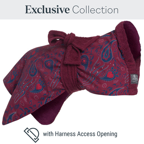 Exclusive collection DogRobe drying coat, with harness access opening in Paisley pattern.