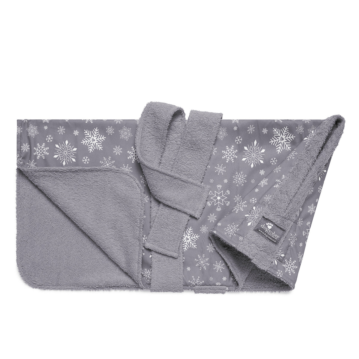 Exclusive collection DogRobe drying coat, with harness access opening in Grey Snowflake pattern.