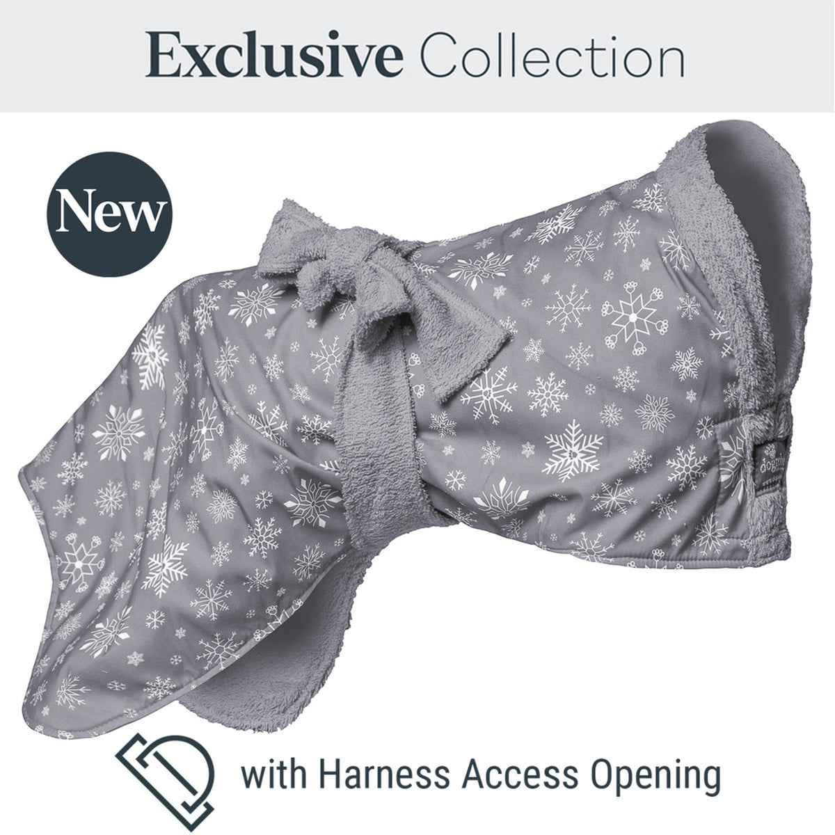 Exclusive collection DogRobe drying coat, with harness access opening in Grey Snowflake pattern.