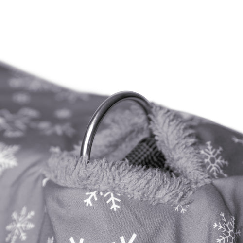 Exclusive collection DogRobe drying coat, with harness access opening in Grey Snowflake pattern.