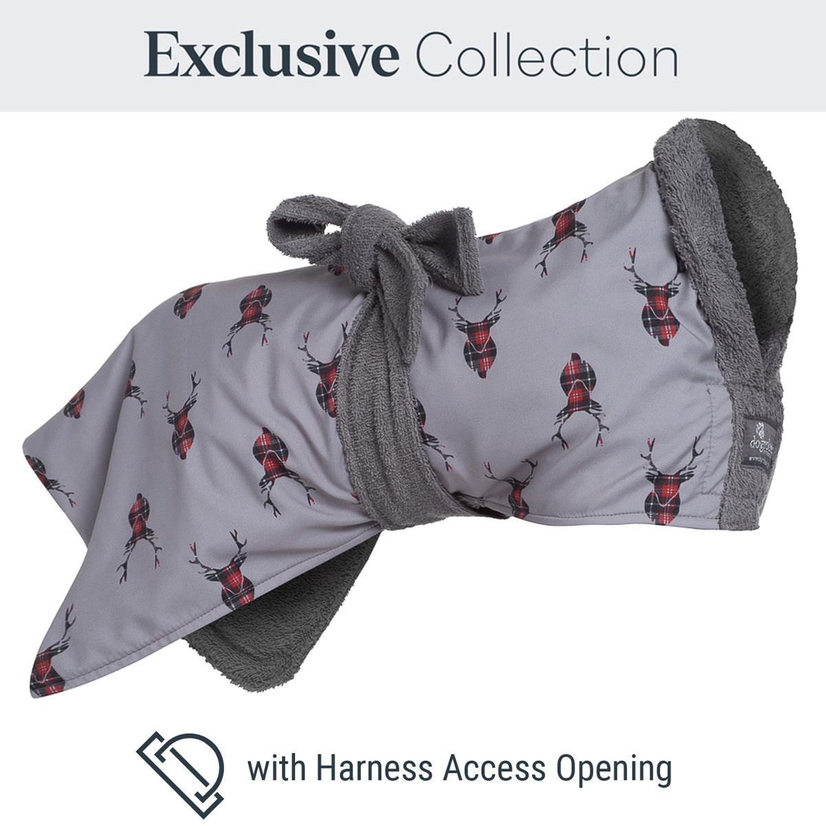 Exclusive collection DogRobe drying coat, with harness access opening in Stag Head pattern.