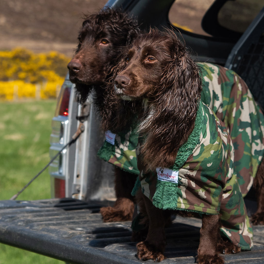 Exclusive collection DogRobe drying coat, with harness access opening in Camouflage pattern.